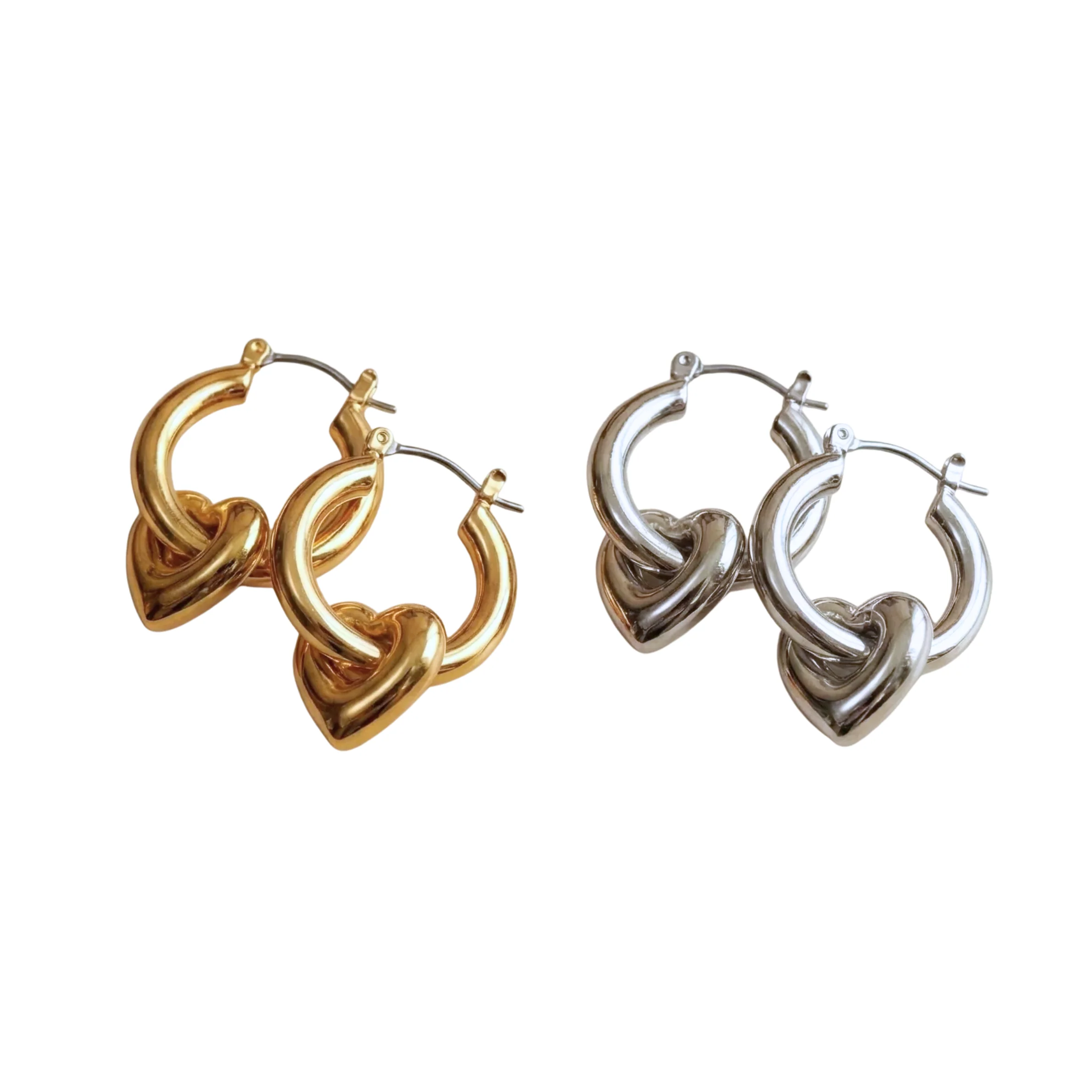 Big Metal London Gemma Heart Drop Hoop Earrings in Silver or Gold - Image 3