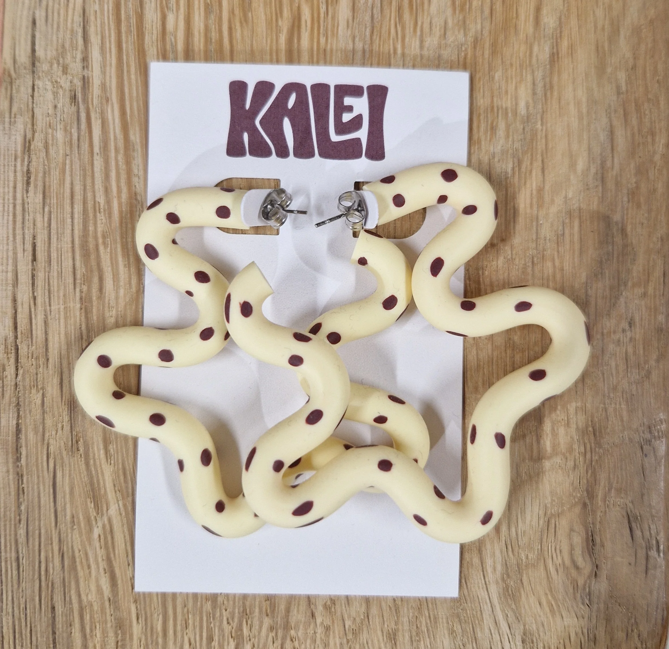 Kalei Polymer Clay Wiggle Earrings in Butter Yellow or Pale Blue Polkadot - Image 7